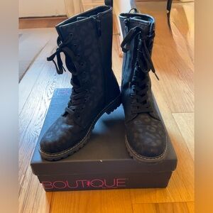 Corey’s Black Leopard Lace-Up Combat Boots, Size 9